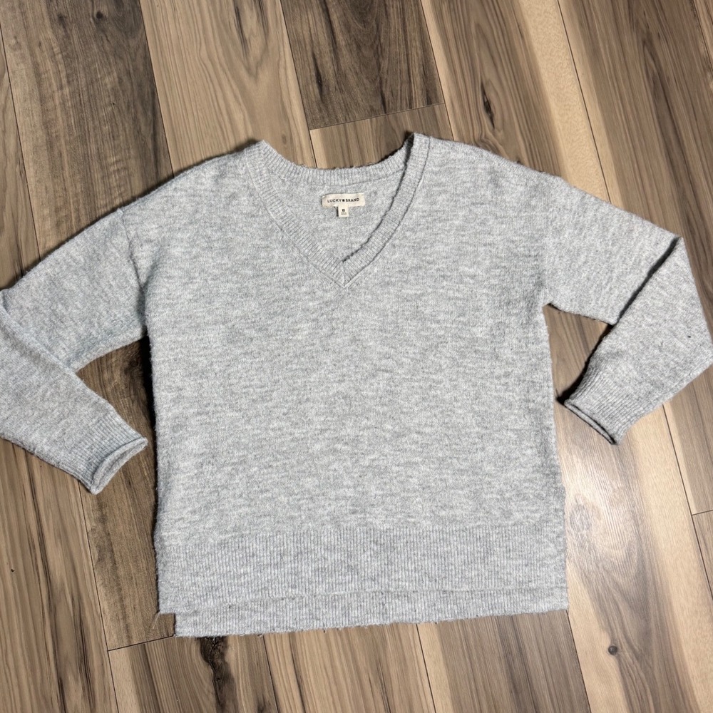 Lucky Brand Womens XS V-Neck Sweater Heather Gray Long Sleeve Relaxed Pullover